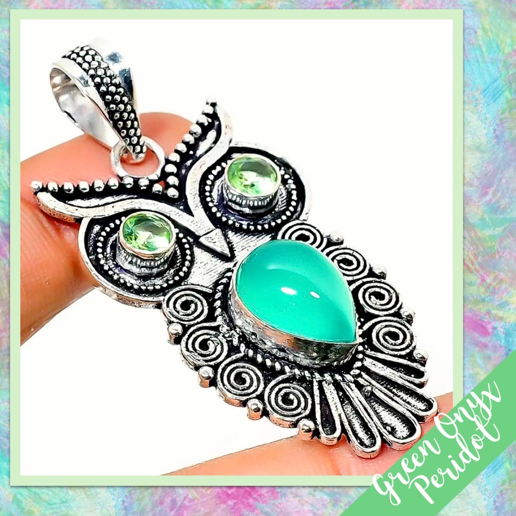 Green Onyx  Peridot Owl Pendant Green  Lime Green
